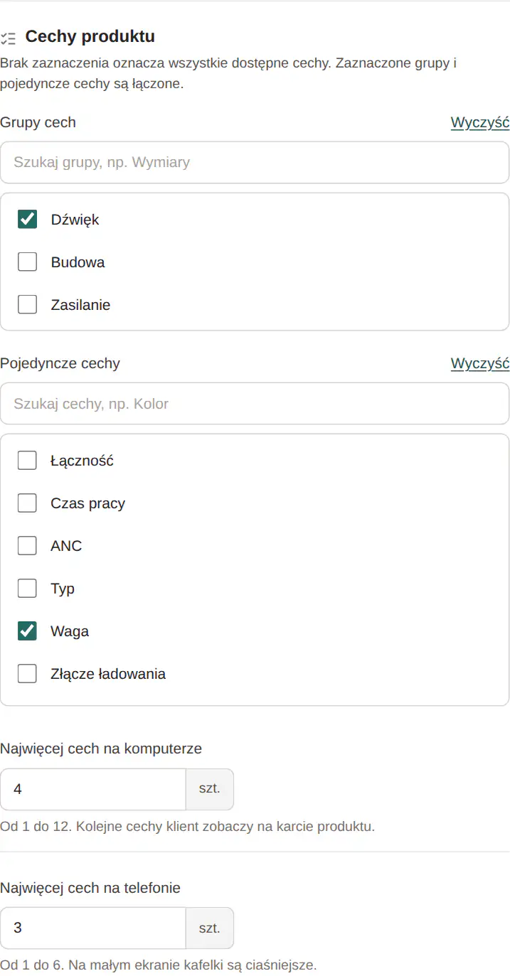 Panel GrowSpecs: wybór grup cech i pojedynczych cech oraz limit na desktopie i telefonie