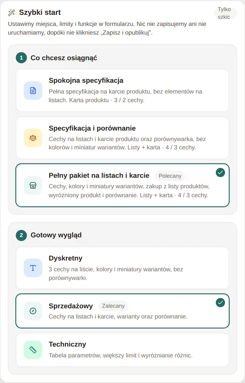 Panel GrowSpecs: sekcja Szybki start z wyborem celu i gotowego wyglądu