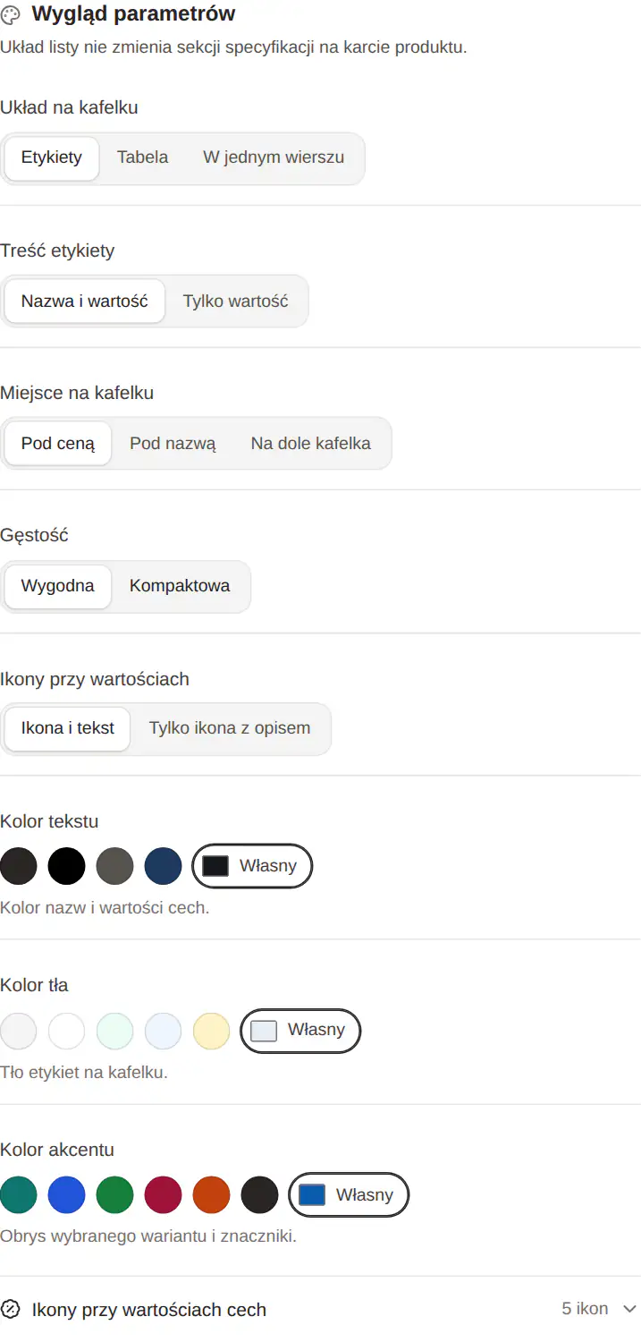 Panel GrowSpecs: ustawienia układu, treści etykiety, miejsca na kafelku i gęstości