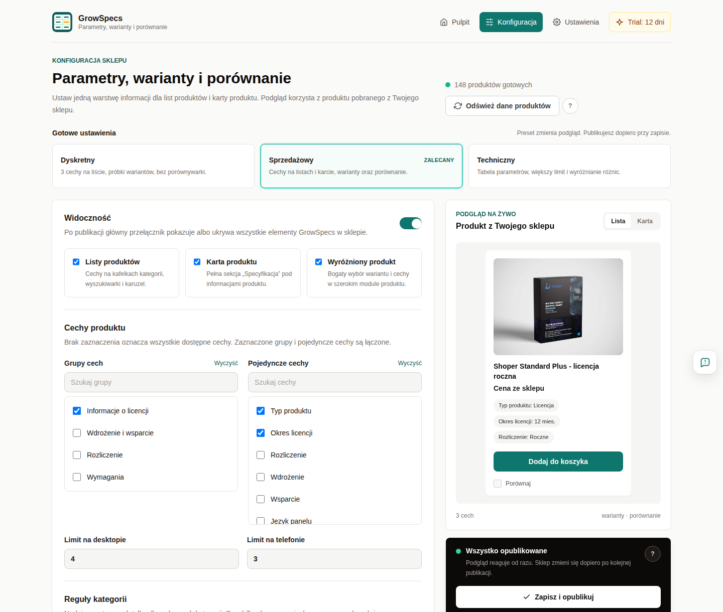 Górna część konfiguracji GrowSpecs z presetami, widocznością, wyborem cech i podglądem
