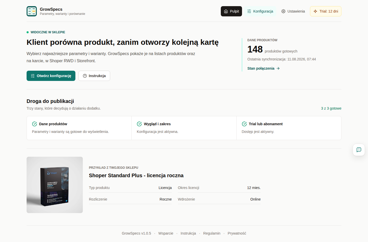 Pulpit GrowSpecs ze stanem danych produktów i drogą do publikacji