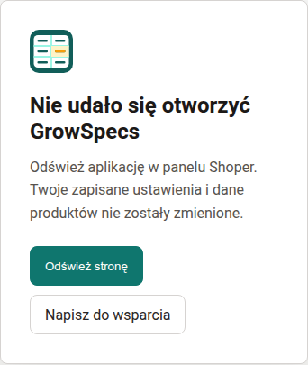 Ekran GrowSpecs po kontrolowanym błędzie otwarcia aplikacji