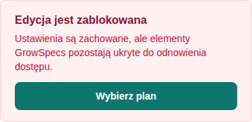 Komunikat GrowSpecs o wygasłym planie z przyciskiem wyboru planu