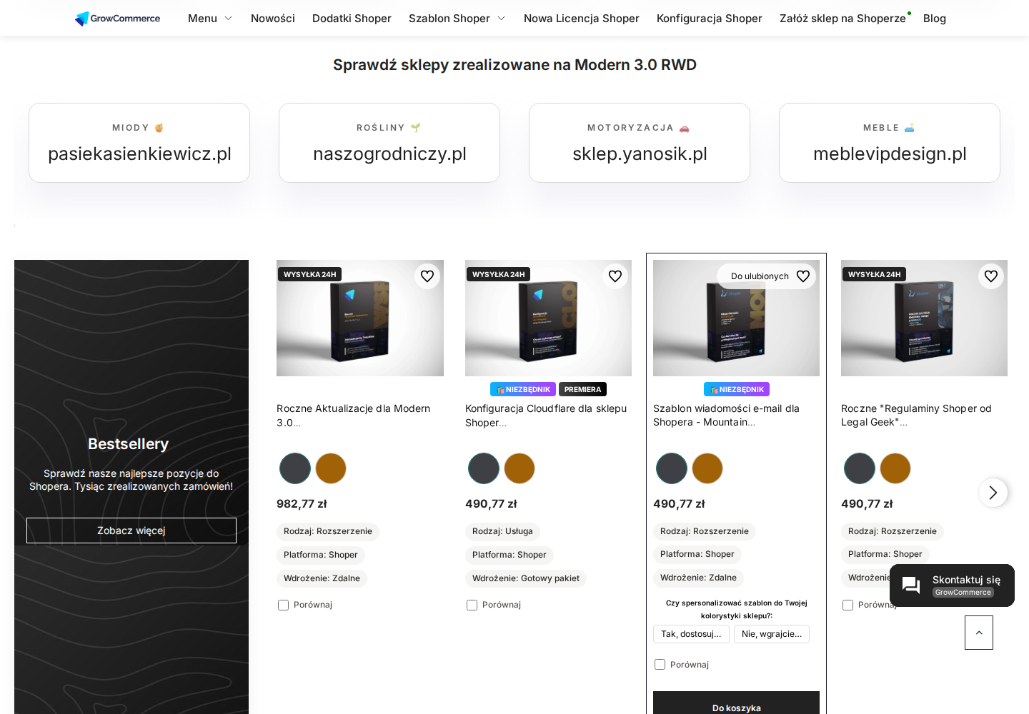 Parametry i warianty GrowSpecs na liście produktów Shoper RWD